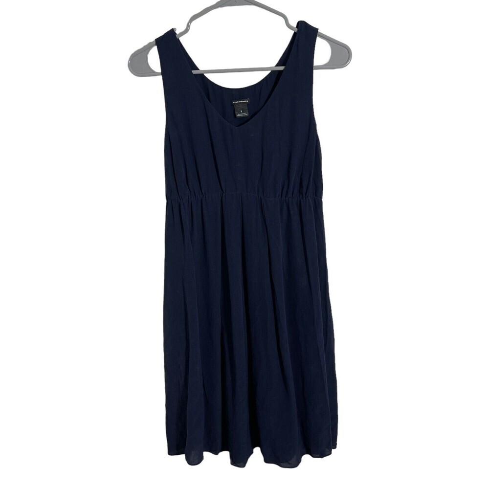 Club Monaco Women's 0 Navy Blue 100% Silk Sleeveless V-Neck Tank Dress Pleated